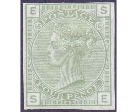 GREAT BRITAIN STAMPS : 1877 4d IMPERF COLOUR TRIAL in light Sage Green, fine four margin example SG 153 var. mounted mint