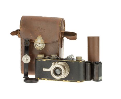 A Leica Ia Camera, 1928, black, serial no. 9098, with Leitz Elmar f/3.5 50mm lens, nickel, body, F-G, shutter working, lens, 