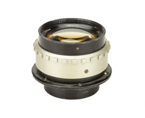 A Wray Unilite f/2 100mm Lens, black/silver, serial no. 117015, body, G-VG, elements, G, some internal haze and a light scuff