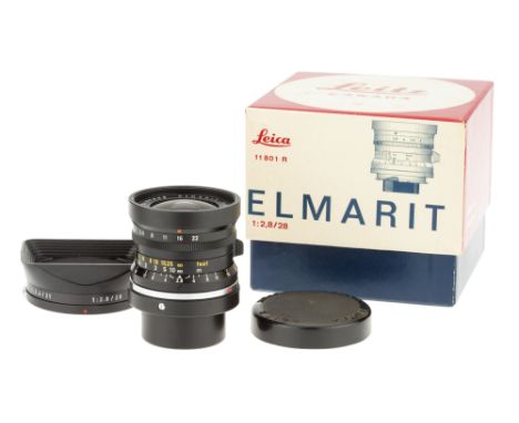 A Leitz Elmarit f/2.8 28mm Lens, 1966, black, serial no. 2197066, body, VG-E, elements, VG-E, with lens caps, lens hood and m