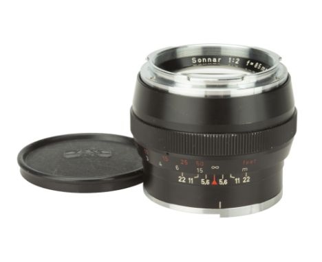 A Carl Zeiss Sonnar f/2 85mm Lens, Contarex, all black, serial no. 4914291, body, VG, elements, G-VG, some light marks to the