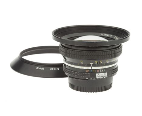 A Nikon Ai Nikkor f/4 18mm Lens, black, serial no. 174213, body, G-VG, elements, F-VG, small scuff to the front element and s