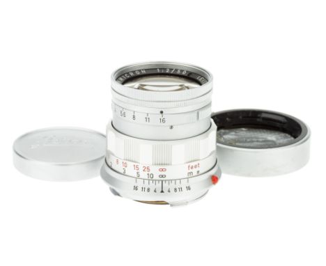 A Leitz Summicron f/2 50mm Lens, 1966, chrome, serial no. 2182705, body, VG, elements, G-VG, some very light cleaning marks t