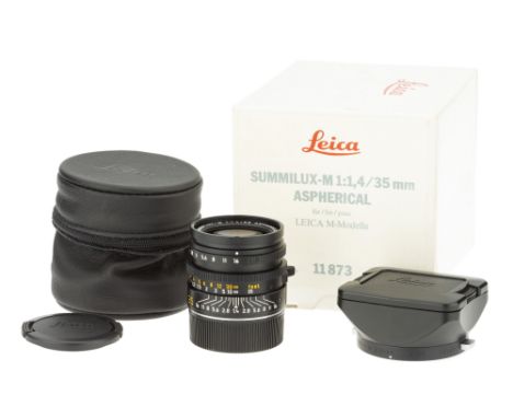 A Leitz Summilux-M Double Aspherical f/1.4 35mm Lens, 1988, black, serial no. 3460952, body, VG-E, elements, VG-E, some very 