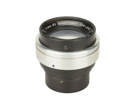A Taylor Hobson Anastigmat f/2 4" Lens, black/chrome, serial no. 621385, body, G, aperture blades not moving when the ring is