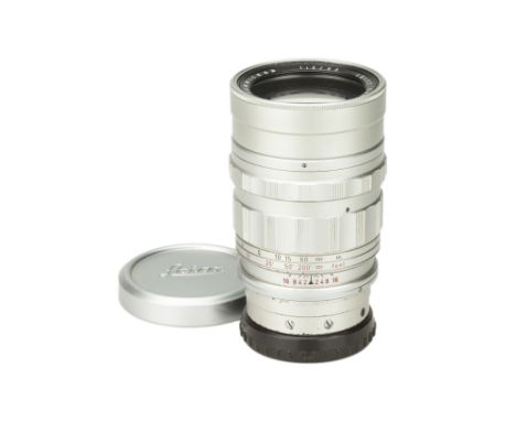 A Leitz Summicron f/2 90mm Lens, 1960, chrome, serial no. 1740117, body, G, elements, G-VG, some light internal haze, complet