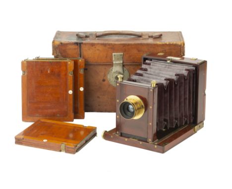 A Fine G. Hare New Patent Quarter Plate Mahogany Field Camera, 1880-90, with Goerz Double Anastigmat f/7.7 5" lens, brass, se