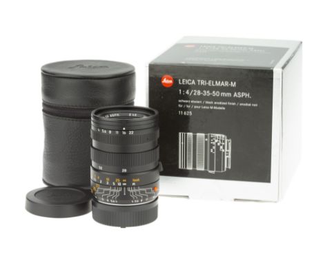 A Leitz Tri-Elmar-M ASPH. f/4 28-35-50mm Lens, 2003, black, serial no. 3949084, body, VG-E, elements, VG-E, complete with sof