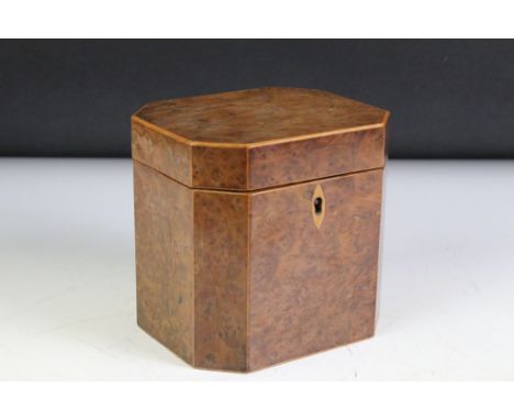 George III Burr Walnut and Boxwood Inlaid Octagonal Tea Caddy, the hinged lid opening to a single lidded compartment, 13cm hi