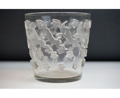 Rene Lalique ' Jurancon ' clear and frosted glass vase, relief moulded with leaping Ibexes, stencil mark `R. LALIQUE` to base