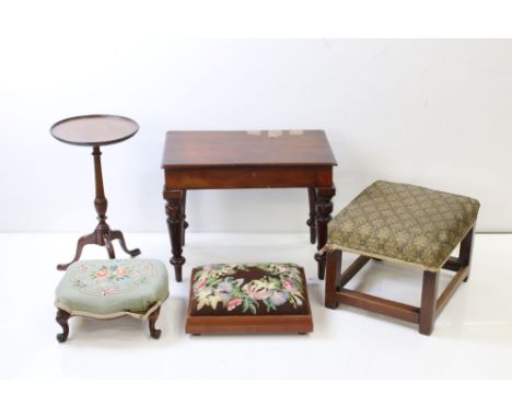 Victorian rosewood footstool on cabriole legs, approx. 35cm, a rectangular footstool, approx. 44cm, another footstool, modern