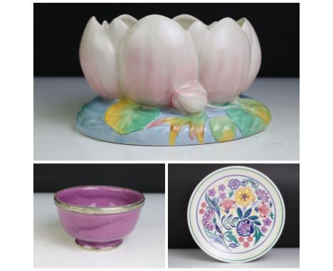 Clarice Cliff Moulded Water Lily Bowl, 21cm long together with a Poole Pottery Shallow Bowl decorated by Veronica Hanson, 27c