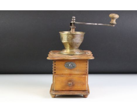 Early to Mid 20th century French Wooden and Brass ' Zassenhaus ' Coffee Grinder with drawer, 30cm high 