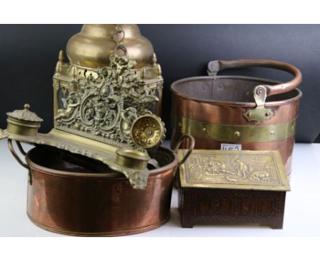 Mixed lot of Copper and Brass including Copper and Brass Coal Bucket, Brass Hall Lantern, Brass Victorian style Standish, Ova