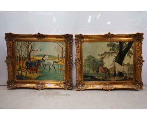Pair of Oil Paintings on Board of Horses, both signed K Khan, 38cm x 49cm, ornate gilt frames 