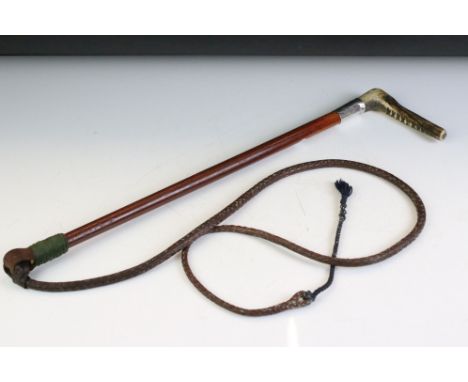 Early 20th century Hunting Whip with antler handle, silver band (Birmingham 1908) and plaited leather lash 