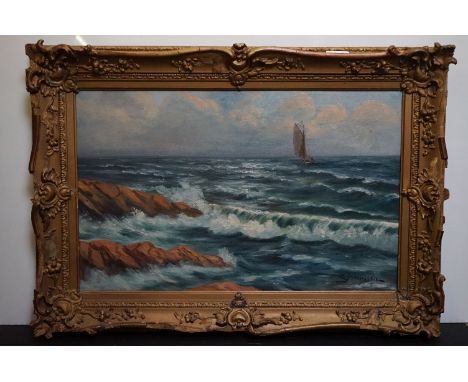R Johansson oil on canvas seascape, sailboat off a rugged coastline, in gilt swept frame, approx. 34cm x 55cm 