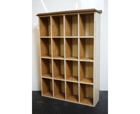 Vintage part painted pine tabletop pigeonhole shelf of 16 compartments, 51cm wide x 72cm high 