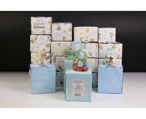 36 boxed Border Fine Arts Beatrix Potter Number and Alphabet figurines, together with an associated display shelf 