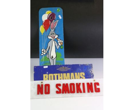 A group of three vintage signs to include Rothmans cigarettes, No Smoking and a hand painted Bugs Bunny example. 