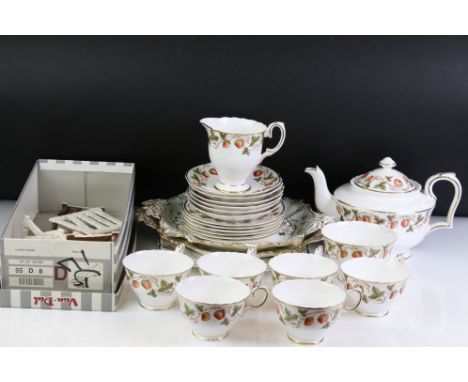 Crown Staffordshire Tea Service decorated with strawberries comprising Teapot, Sandwich Plate, Six Tea Cups, Saucers and Tea 