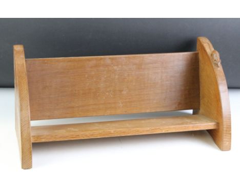 Robert Thompson ' Mouseman ' Oak Book Stand with signature mouse carved to right hand curved end, 45cm long x 20cm high 