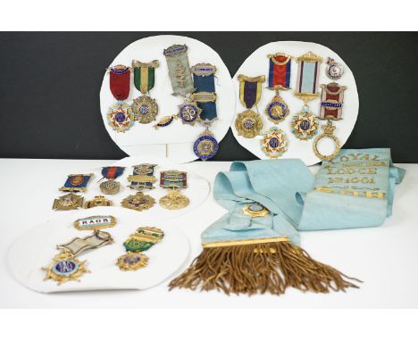 A collection of mainly hallmarked sterling silver R.A.O.B. Jewels Medals to include many enamelled examples together with sas