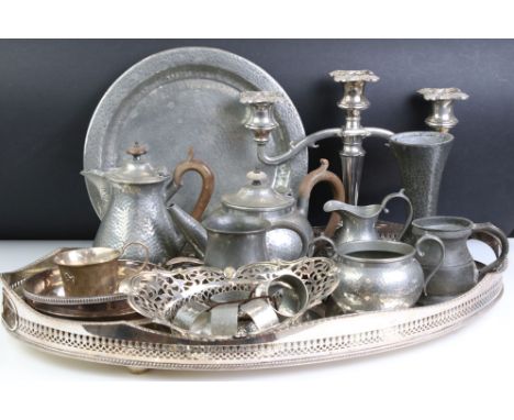 Mixed lot of Silver Plate and Pewter including Tudric Pewter Hammered Tray, Hammered Vase and Tankard, Hammered Pewter Bell B