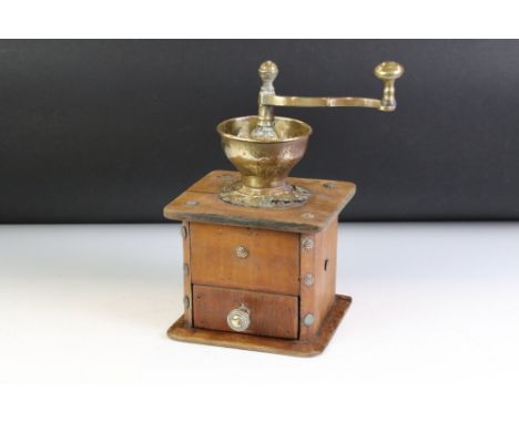 Early to Mid 20th century French Wooden and Brass Coffee Grinder with drawer, 29cm high 