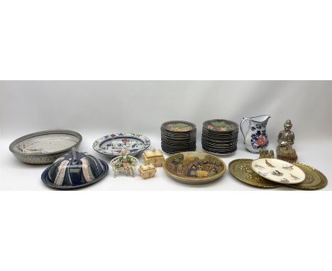 Collection of studio pottery, including bowl with light blue ground and floral decoration with flared lip, a covered dish wit