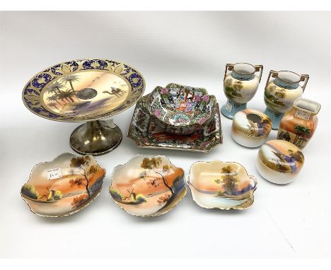 Collection of Noritake, including a pair of Japanese Noritake decorative vases with twin handles H13cm, Serving plate on stan