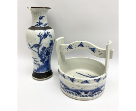 20th century oriental ceramic well with wave and bird decoration, H16cm, and oriental vase with floral decoration H25.5cm.  