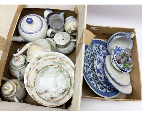 Collection of oriental ceramics, including teapot, jugs and two tea cups and saucers,  blue and white porcelain plate with sc