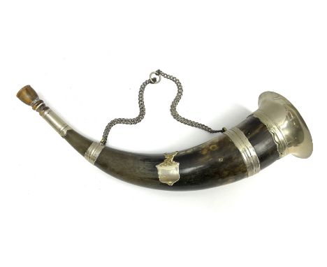 Horn hunting bugle with hallmarked silver chain and white metal central plaque and mounts