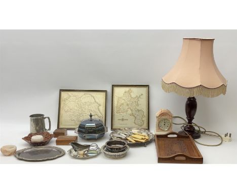 Aynsley portland ware mantel clock, with peacock design, along with a wooden table lamp and lampshade, a collection of metal 