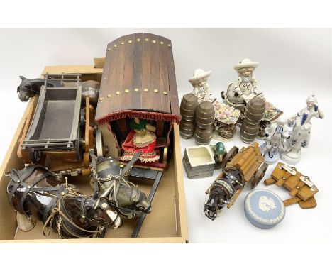 Collection of figures and ceramics, including pair of ceramic girls with wheel barrows, ceramic shire horse with cart, Wedgwo
