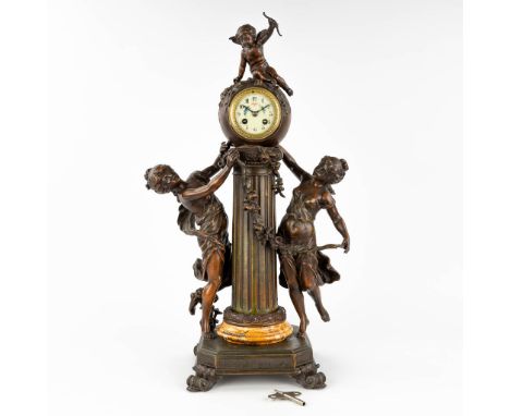 L &amp; F Moreau, a mantle garniture clock, spelter, Circa 1900.Marked.  (L: 26 x W: 40 x H: 70 cm)