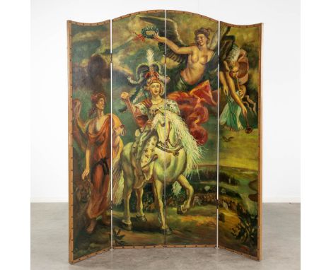 An antique Room Divider, Folding screen with a hand-painted after Peter Paul Rubens: 'The Regent Militant: The Victory at JÙl