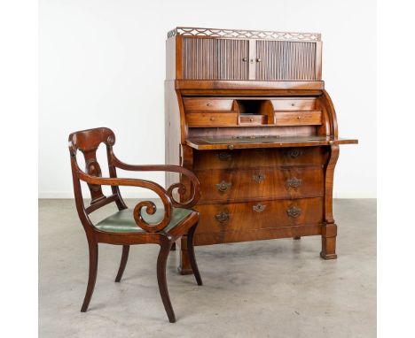 A commode Secretaire, with rolling shutters, mahogany veneer and a matching armchair. 19th century.  (L: 58 x W: 103 x H: 150