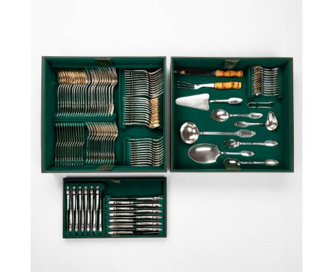 Wiskemann, a 128-piece silver-plated cutlery in Louis XVI style. Mounted in 2 drawers. Added are a meat fork and knife with b