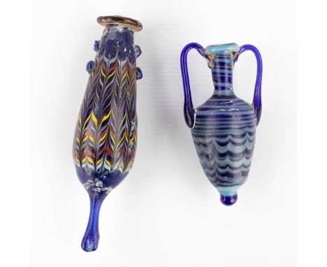 A set of 2 Archeological perfume bottles, an amphora vase and flask, glass paste. They were excavated in the region around Li