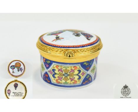 Royal Worcester Round Lidded Pill Box in enamel and gilt. Royal Worcester stamp to base. In excellent condition. 