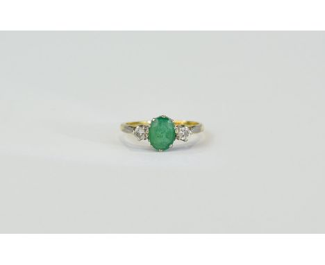 18ct Gold Set Emerald and Diamond 3 Stone Ring. The Central Emerald Flanked by Diamonds. Fully Hallmarked. Ring Size - P-R. 