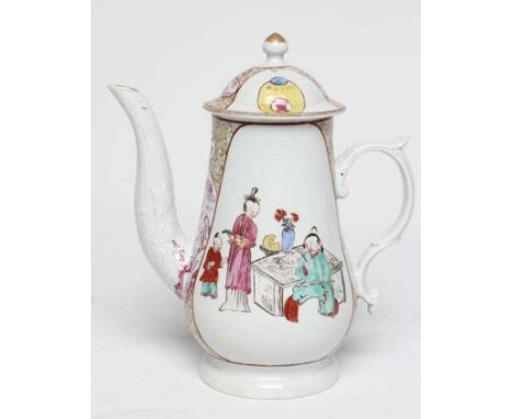 A CHRISTIAN'S PORCELAIN COFFEE POT AND COVER, c.1770's, of baluster form, painted in polychrome enamels in thwe Worcester sty