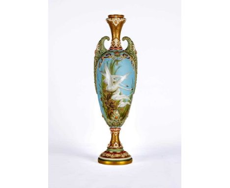 A ROYAL WORCESTER PORCELAIN TALL VASE, 1899, of slender tapering ovoid form with waisted neck and high lug handles, on waiste