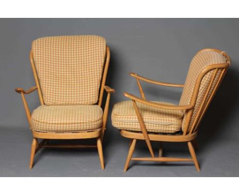 A PAIR OF ERCOL A MODEL 477 ARMCHAIRS, in blond beech and elm with loose cushions in pale green and salmon linen check, 28 1/