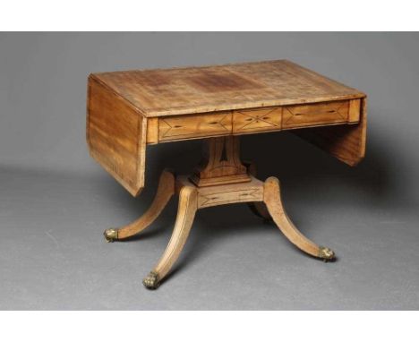 A REGENCY MAHOGANY SOFA TABLE, early 19th century, the canted oblong top with rosewood banding and ebony stringing, the friez