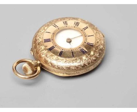 A HALF HUNTER TOP WIND FOB WATCH, the white enamel dial with black Roman numerals, un-numbered bar lever movement, plated hin