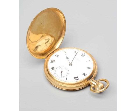 AN 18CT GOLD TOP WIND HUNTER POCKET WATCH, the white enamel dial with black Roman numerals enclosing subsidiary seconds dial,