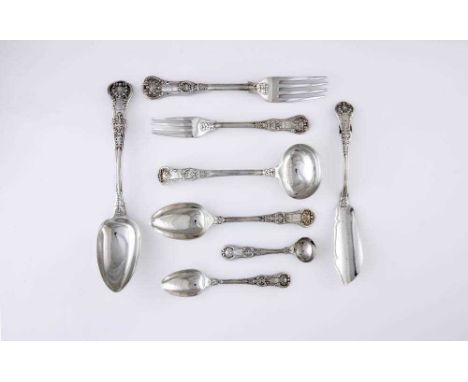 A COMPOSITE WILLIAM IV SILVER PART TABLE SERVICE, various makers and dates, in Queen's Oyster pattern, comprising six each ta